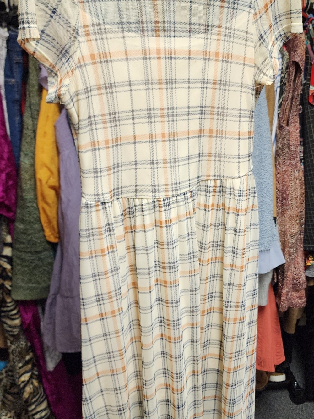 AUW Cream Plaid Short-Sleeve Casual Dress with Tan and Navy Lines